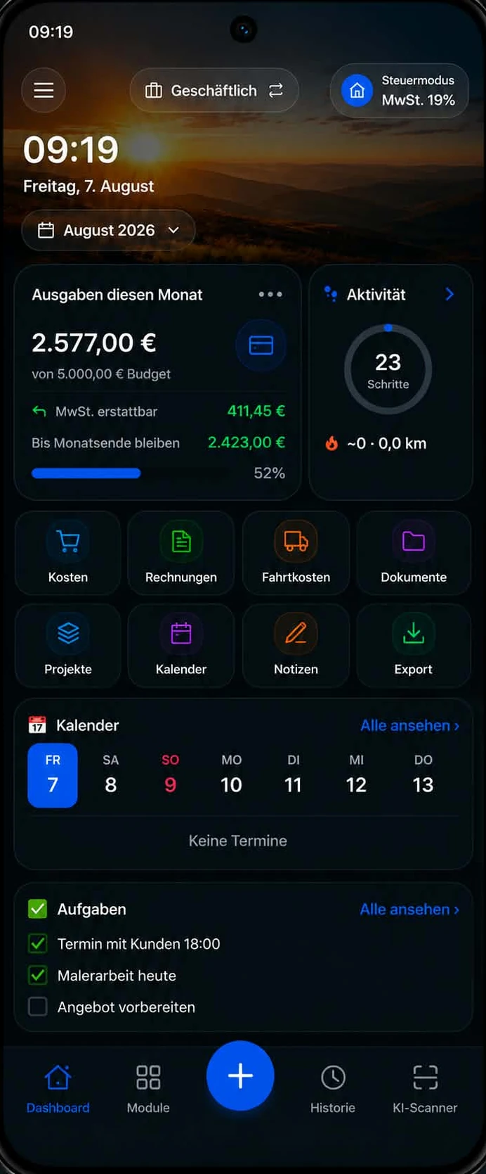 FirmaCenter App auf dem Handy - Dashboard